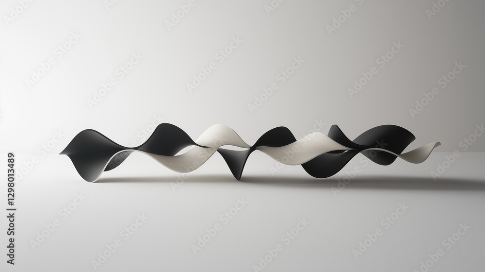 Poster 3d rendering of a black and white abstract sculpture. the sculpture is made up of multiple curved li