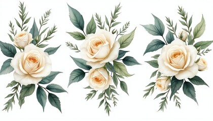 Watercolor set of floral white rose branches. Wedding concept white background. Great for greeting cards, social media posts, presentations, website design. Use rose as universal template for