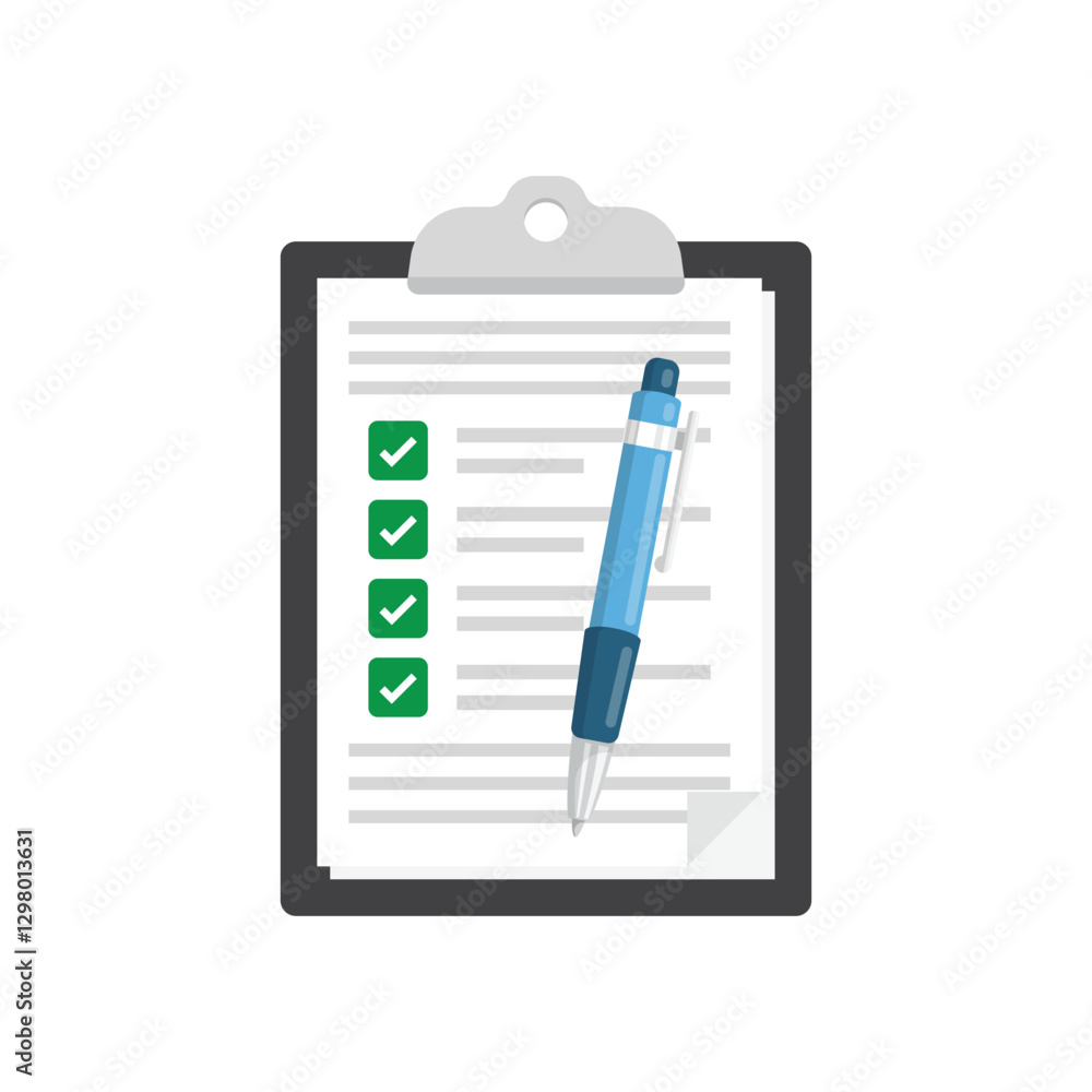 Poster clipboard with checklist with pen icon in flat style. planning and organization of work vector illus