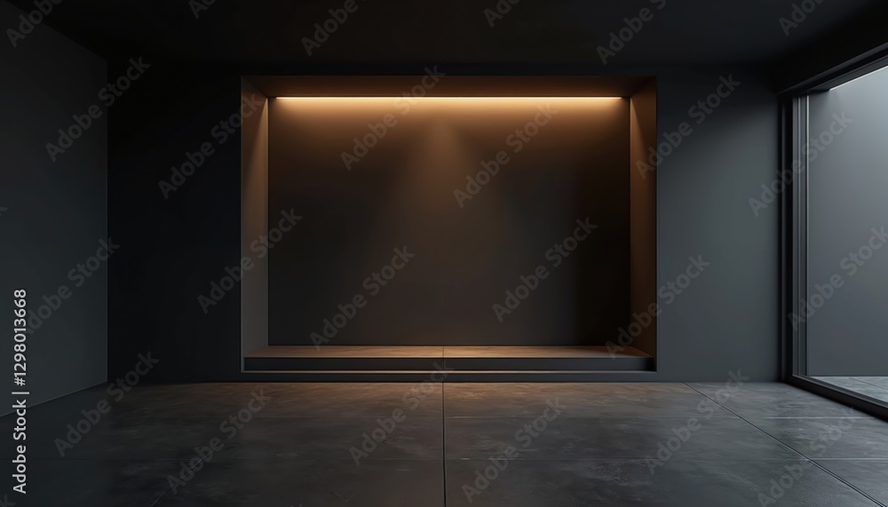 Poster sleek dark room at night. black walls, ambient lighting casting shadows. empty space. minimalistic i