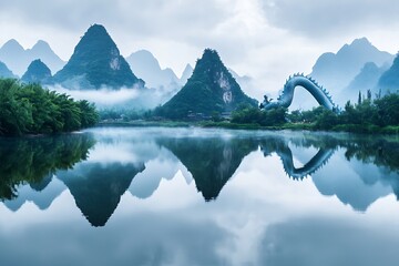 A peaceful river reflecting the jagged outline a sleeping dragon-shaped mountain