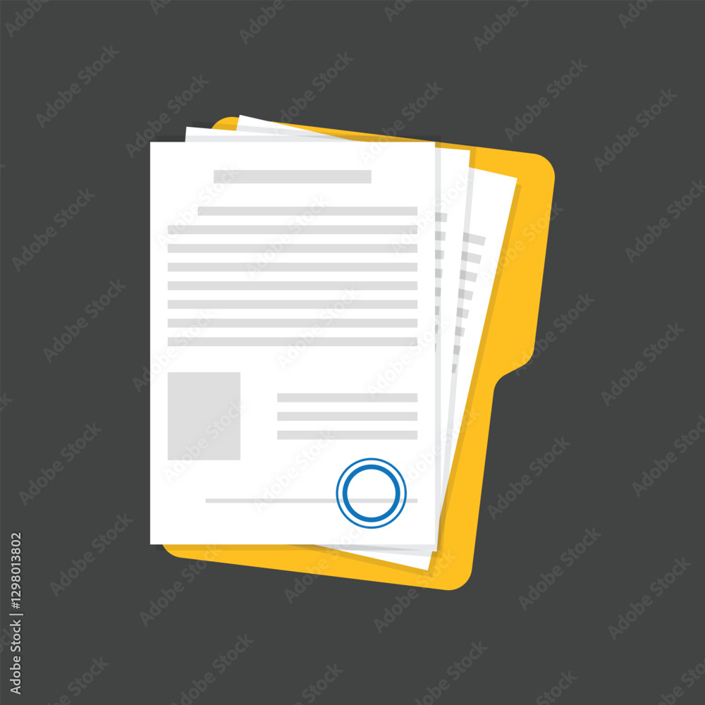 Poster document, folder with stamp and text icon in flat style. white papers vector illustration on isolate