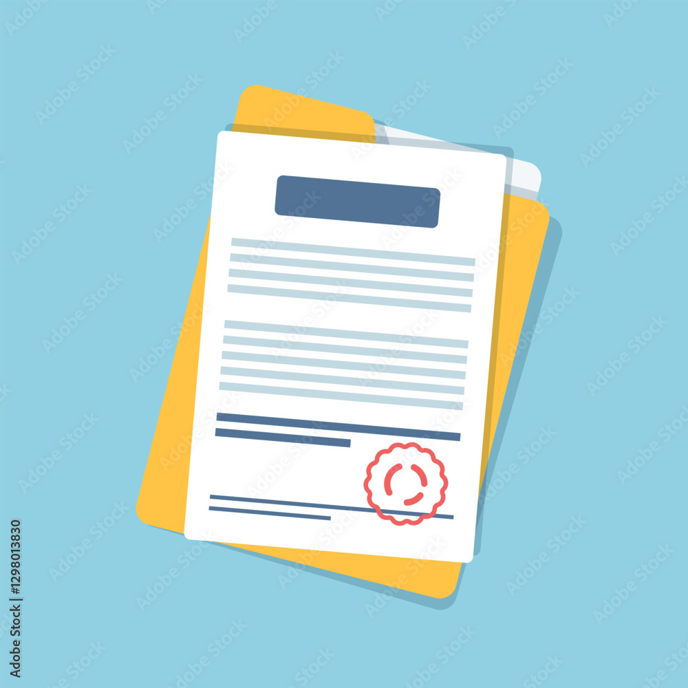 Aufkleber document, folder with stamp and text icon in flat style. white papers vector illustration on isolate
