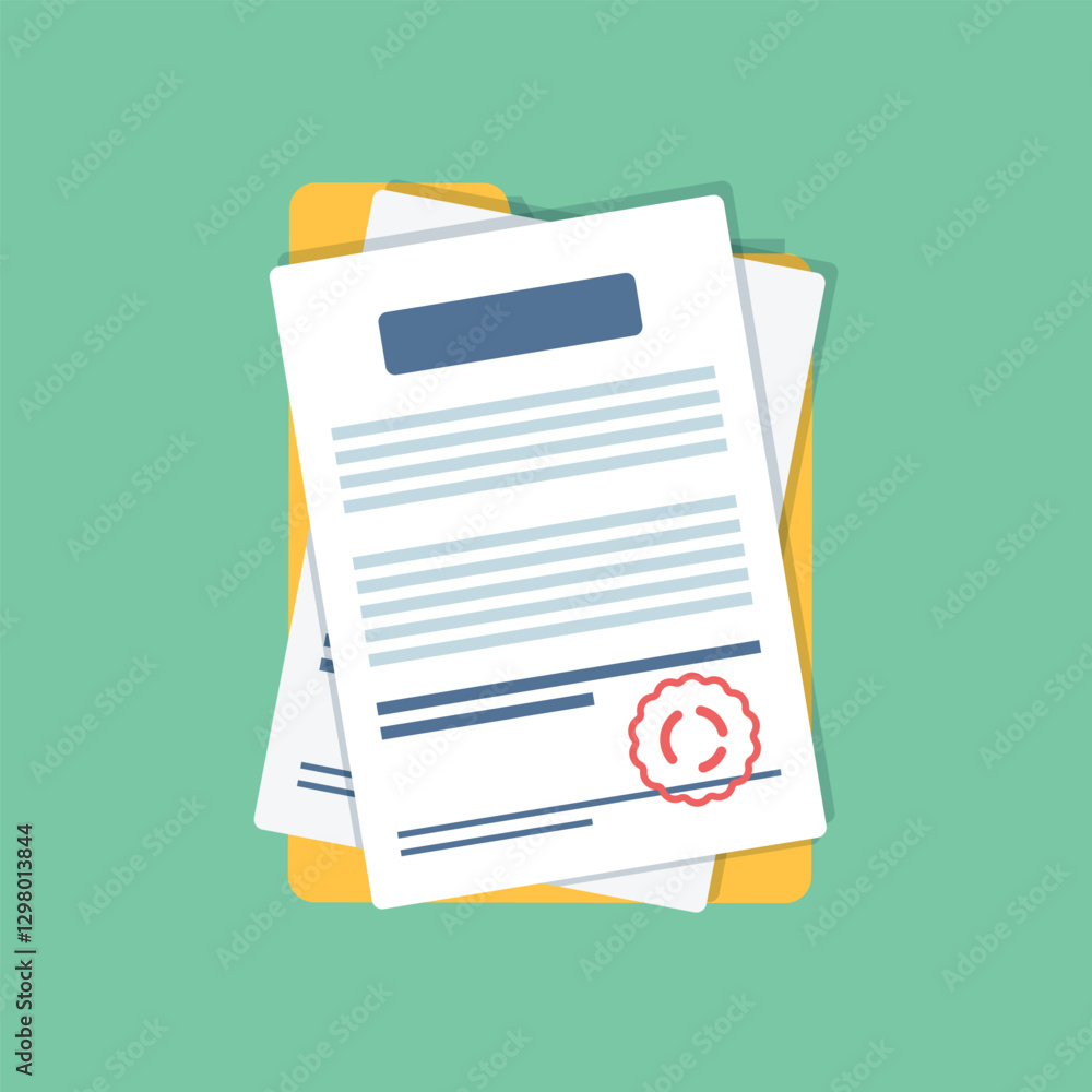 Poster document, folder with stamp and text icon in flat style. white papers vector illustration on isolate