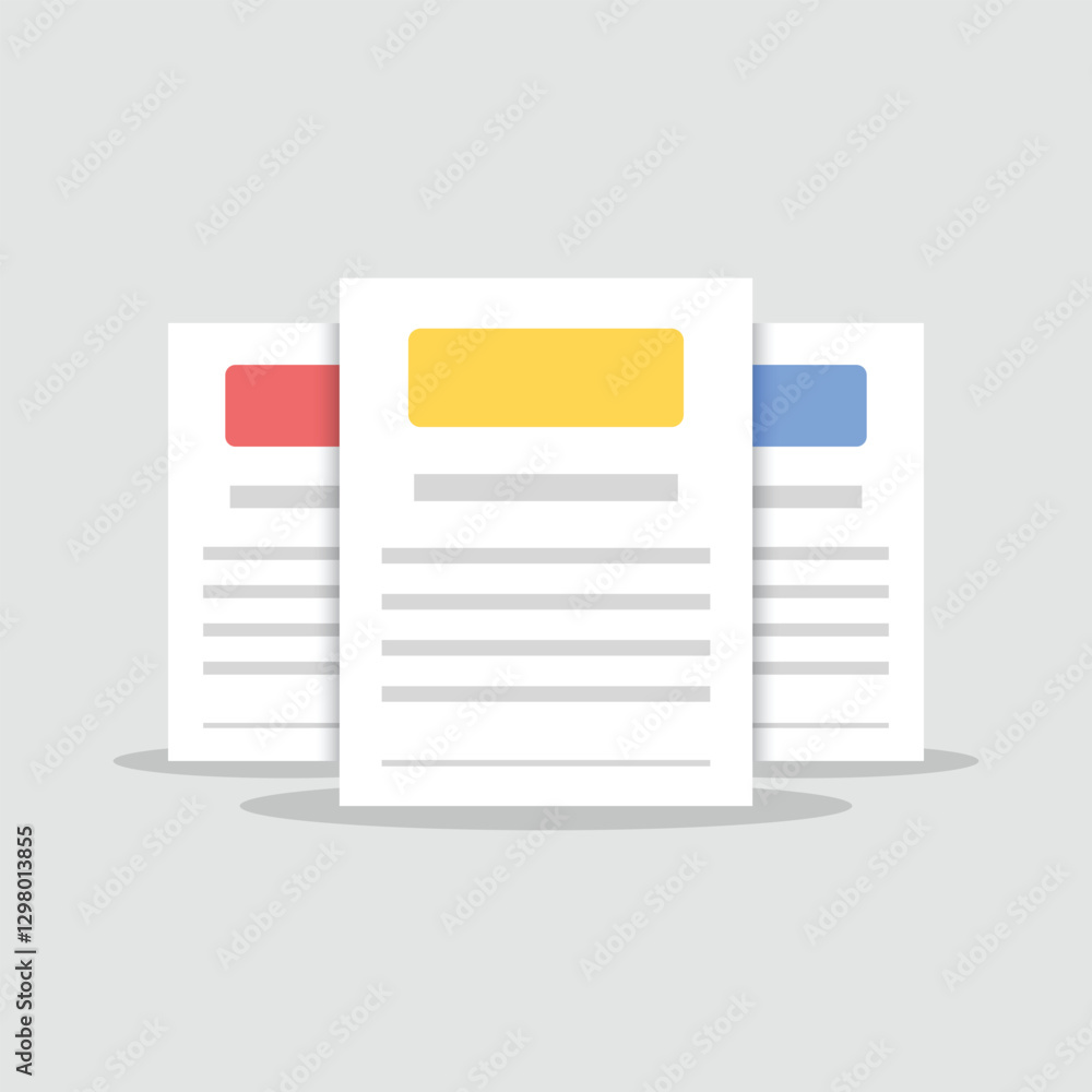 Poster document, folder with stamp and text icon in flat style. white papers vector illustration on isolate