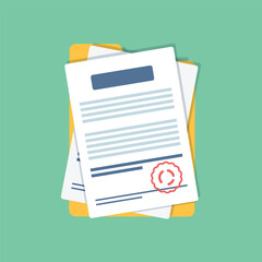 Document, folder with stamp and text icon in flat style. White papers vector illustration on isolated background. Confirmed or approved document sign business concept.