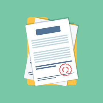 Document, folder with stamp and text icon in flat style. White papers vector illustration on isolated background. Confirmed or approved document sign business concept.