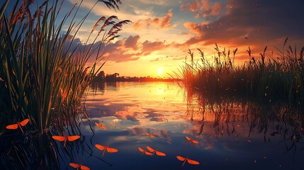 A peaceful river reflecting tall reeds and vibrant orange dragonflies under a warm sunset