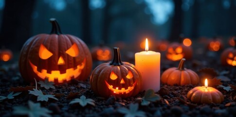 Spooky candles lit on a dark pumpkin patch at night, autumn night, Halloween, atmosphere