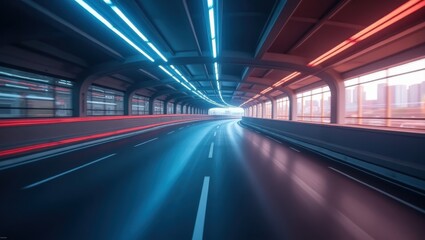 Mprt. Futuristic highway tunnel illuminated with neon lights, speed mo