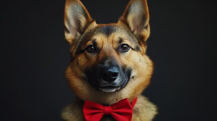 Fototapeta premium Charming German Shepherd Dog Wearing a Bright Red Bow Tie Against a Dark Background in Studio Lighting