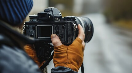 Person Holding Camera with Focus on Photography Techniques in Urban Environment on Rainy Day