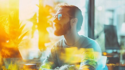 Obraz premium Thoughtful man in sunglasses enjoying sunlight while sitting in a cozy cafe with vibrant colors and reflections