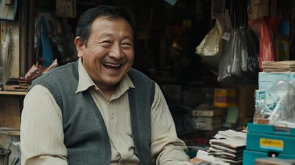 Fototapeta premium Joyful elderly man sitting in a market, smiling brightly amidst colorful items and lively surroundings