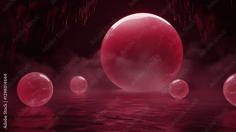 Poster group of five spheres floating on a body of water. the spheres are of different sizes and shapes, wi