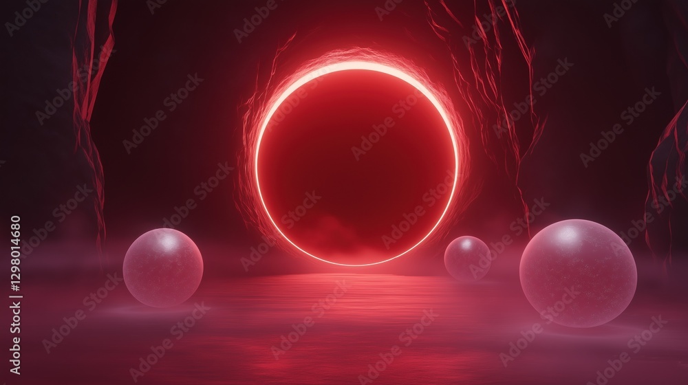 Poster digital illustration of a red circle in the center of a dark background. the circle is glowing with 