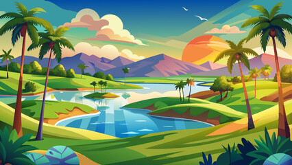 Obraz premium Scenic golf course with a lake, palm trees, and clear skies