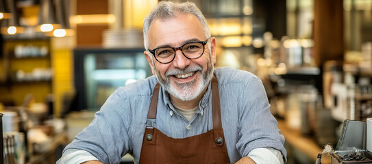 Fototapeta premium Cheerful Barista with Glasses Wearing an Apron in a Cozy Café Setting Smiling at Camera
