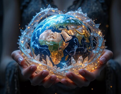 Una pitonisa observa el planeta tierra iluminado