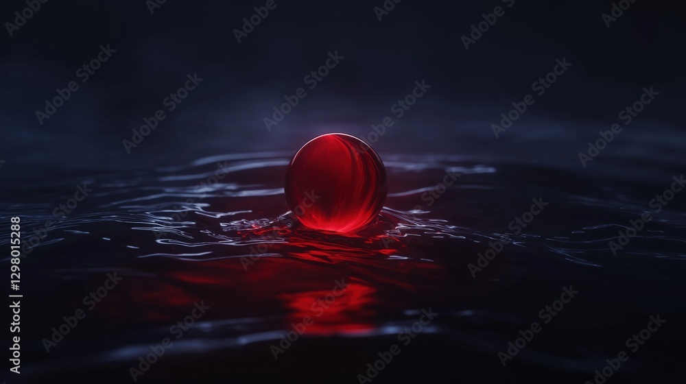 Poster close-up of a single red sphere floating in the water. the sphere is in the center of the image, wit