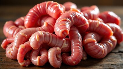 Organ Meat. Close-up of pink bloodworms on wooden surface for fishing