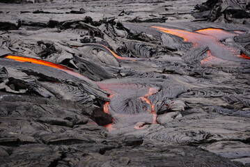 Active lava flows over old lava field in Hawaii