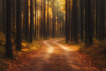 Obraz premium Winding path through dense forest, golden light filtering throug