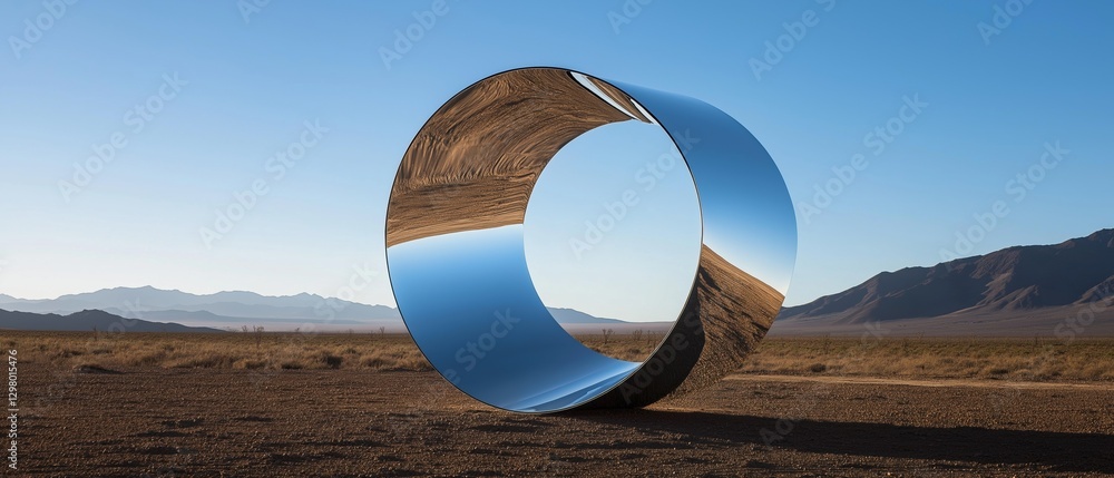 Poster photograph of a large, circular object in the middle of a desert landscape. the object appears to be