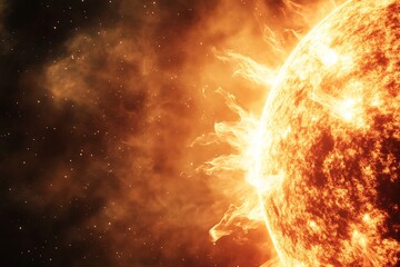 Obraz premium Solar Majesty: Witness the awe-inspiring power and radiant beauty of the sun, an astronomical spectacle that captures the very essence of the cosmos. The sun is depicted as a colossal.