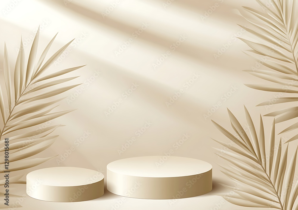Aufkleber podium display with shadow: a sophisticated display featuring two elegant podiums adorned with palm 