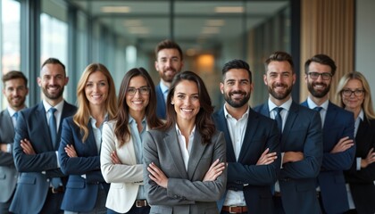 Obraz premium Confident diverse business team stands together in office with arms crossed, smiling. Businesspeople in formal suits show collaboration, leadership, engagement, partnership, togetherness, represent