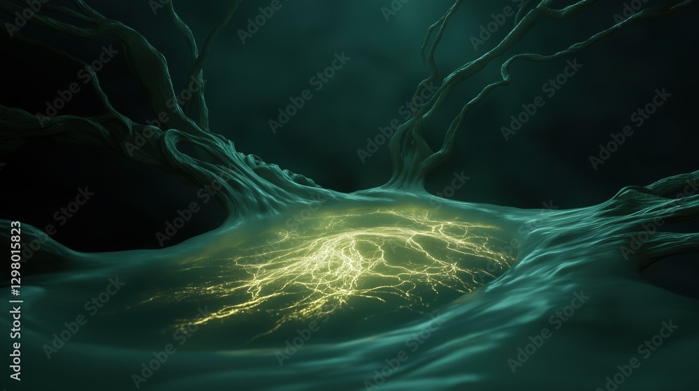 Poster abstract digital art piece that appears to be a representation of a neuron. the background is dark a