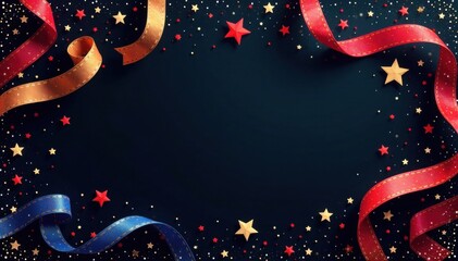 Swirl ribbons and stars on black background with intricate starry patterns and festive designs , Christmas greeting, Intricate starry pattern, festive design
