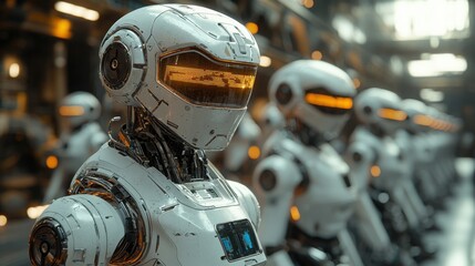 A row of futuristic robots with glowing eyes lined up in a high-tech facility. The scene showcases advanced technology and robotic design.