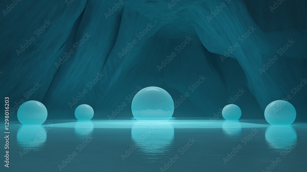 Poster group of five white spheres arranged in a row on a body of water. the spheres are spherical in shape