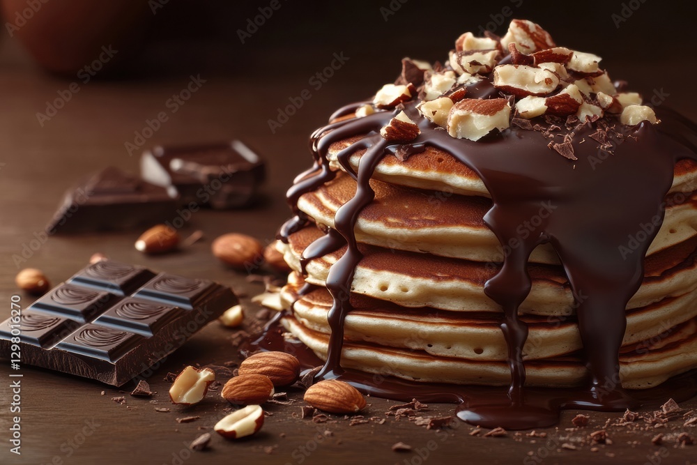 Poster delicious stack of pancakes topped with rich chocolate sauce and nuts. generative ai