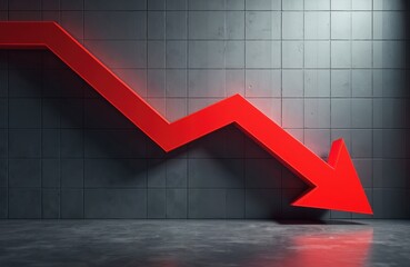 Crimson arrow descends on gray tiled wall, floor. Abstract 3D diagram demonstrates innovative economic decline. Recession illustration financial crisis, loss, business failure, market crash.