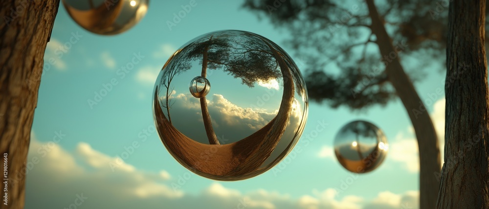 Poster three spheres hanging from the branches of a tree. the spheres are spherical in shape and appear to 