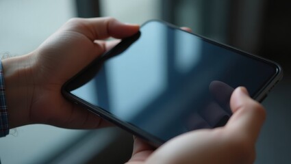 Privacy Phone Screen Protector. Close-up of hands holding black smartp