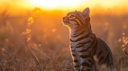 Obraz premium Bold Striped Polecat standing its ground in an African savanna its black and white fur puffed up in defense golden sunset glowing behind it