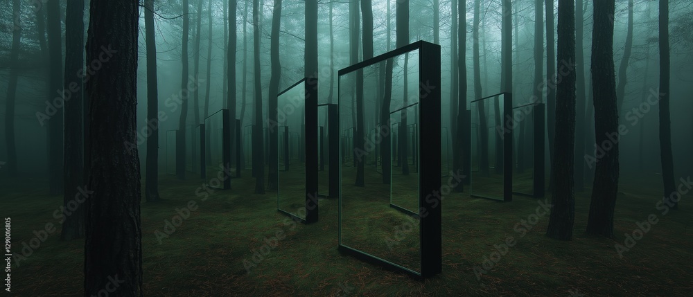 Poster dark and eerie forest with tall trees on either side. the trees are shrouded in a thick fog, creatin