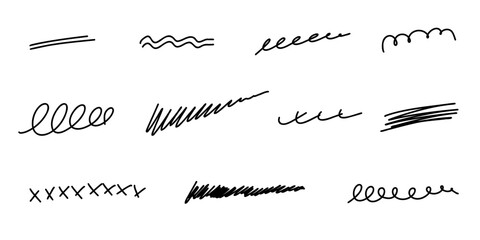 Hand drawn stroke line set. Highlight marker underline, stroke and strike through set. Pen line template. Vector illustration isolated on white background.