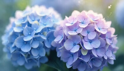 Fototapeta premium Impressionist style close-up. Blue and purple Hydrangea flowers in full bloom, inside garden. Artistic vertical image captures beauty, joy, freshness, growth and abundance of springtime flowers.