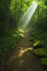 Obraz premium Sunlight filters through lush trees, illuminating tranquil fores