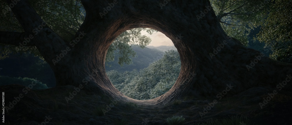 Aufkleber landscape photograph of a large tree with a circular hole in the center. the tree appears to be in a