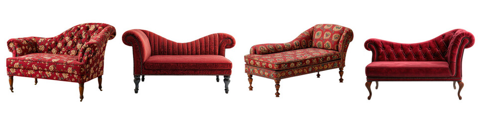 Ornate classic style red velvet tufted sofas and armchairs with intricate woodwork and patterns arranged in a luxurious living room interior design