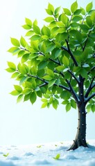 Obraz premium Tree with green leaves against a snowy white background, branches, snowflakes, leafy