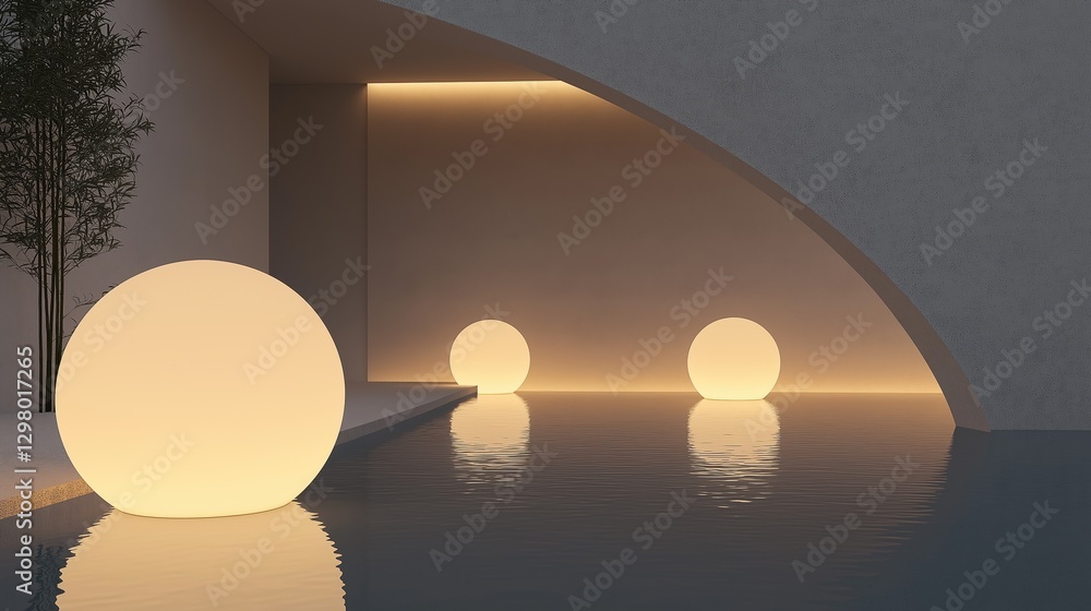 Poster modern and minimalist interior design with a curved wall on the right side and a small pool on the l
