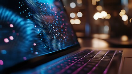 An AI-powered laptop screen showcases the creation of captivating articles through cutting-edge algorithms in a stylish modern workspace.