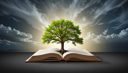 Open book with tree growing from its center, symbolizing life against a glowing backdrop, World Book Day